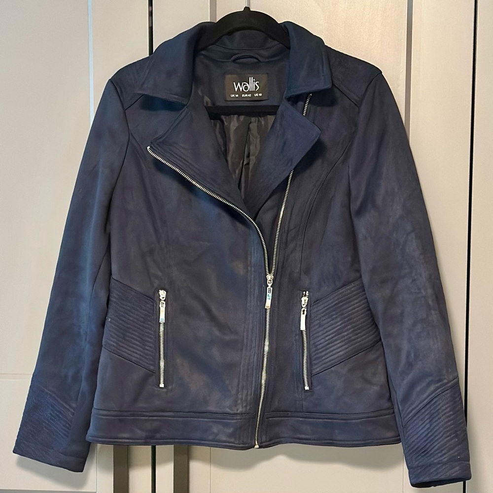 Wallis Faux Suede Moto Jacket Navy Blue Silver Zip Biker Coat Outerwear US Sz 10